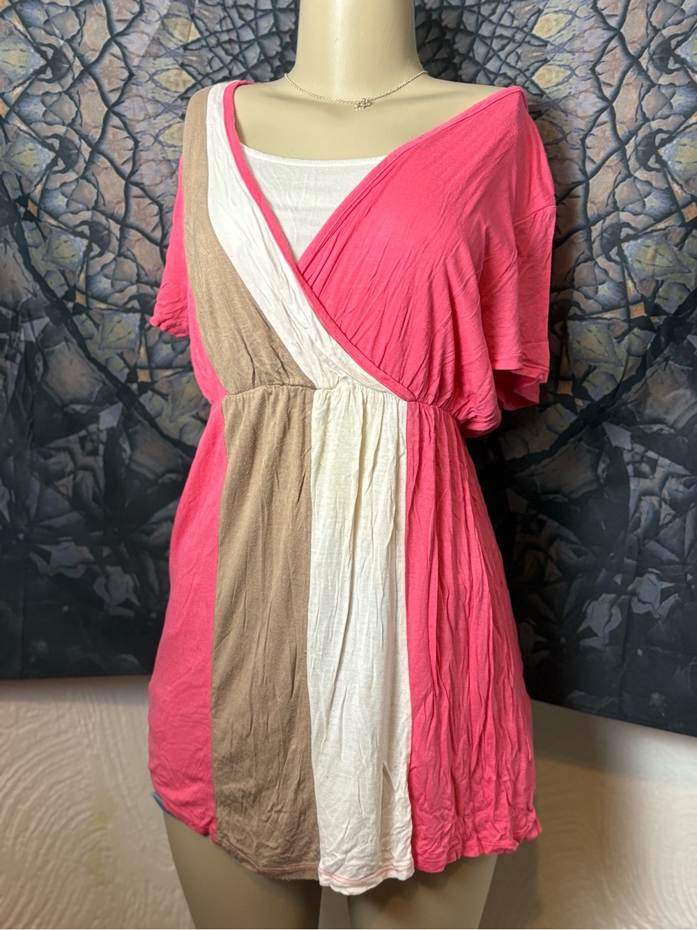 Pink, white & Tan Wrap top